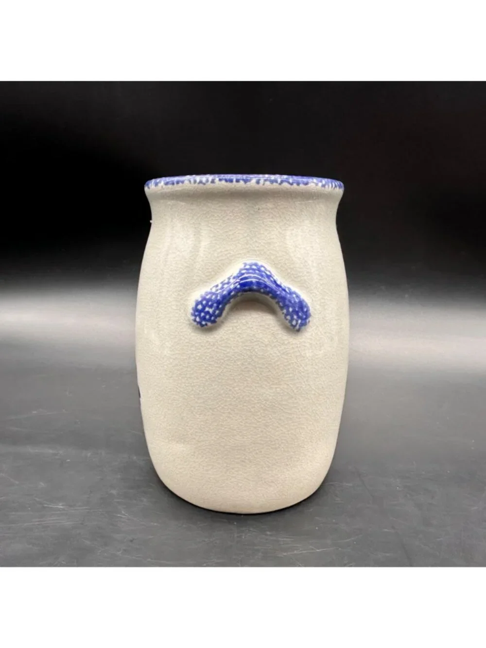 Vintage Crock Gray Blue Heart Utensil Holder Vase Country Cottage 1990s Ceramic
